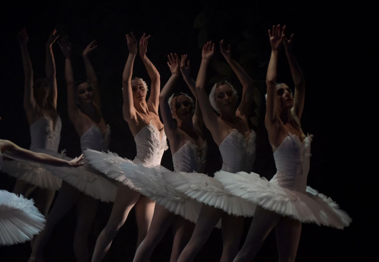 Dancers of the Aalto Ballett Essen perform "Swan Lake" during a dress rehearsal in Seville, Spain, on Wednesday, January 12.