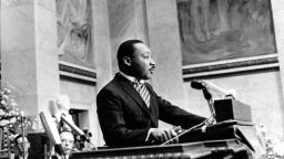 The Rev. Martin Luther King Jr. delivers his Nobel Peace Prize acceptance speech in the auditorium of Oslo University in Norway on December 10, 1964.  
