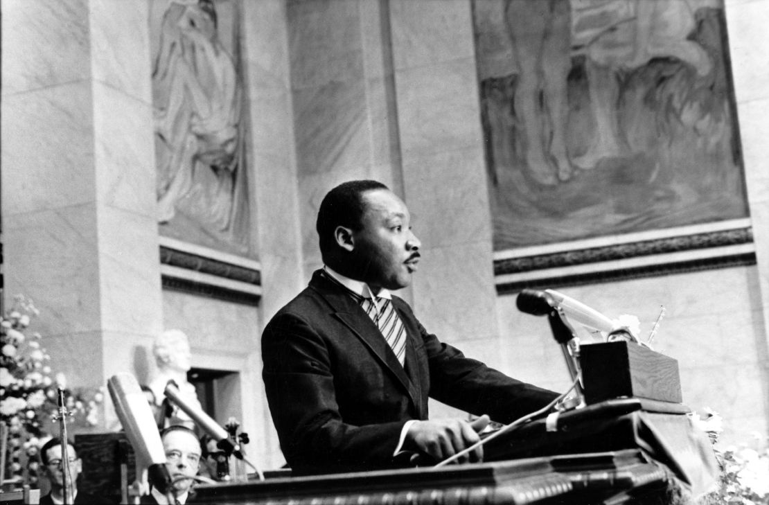 The Rev. Martin Luther King Jr. delivers his Nobel Peace Prize acceptance speech in Oslo, Norway, on December 10, 1964.  