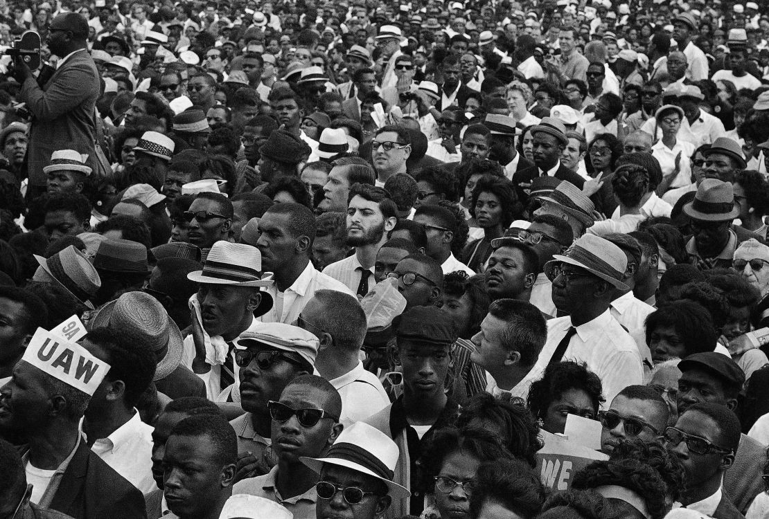 A crowd gathers at the Lincoln Memorial to hear King and other March on Washington speakers in 1963. 