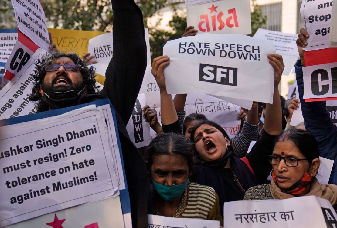 Activists of various left organizations shout slogans during a protest against hate speech in New Delhi, India, Monday, Dec.27 2021. The protestors were reacting to a recent event at Haridwar in northern Uttarakhand state where some leaders made communally sensitive speeches at a religious gathering. (AP Photo/Manish Swarup)