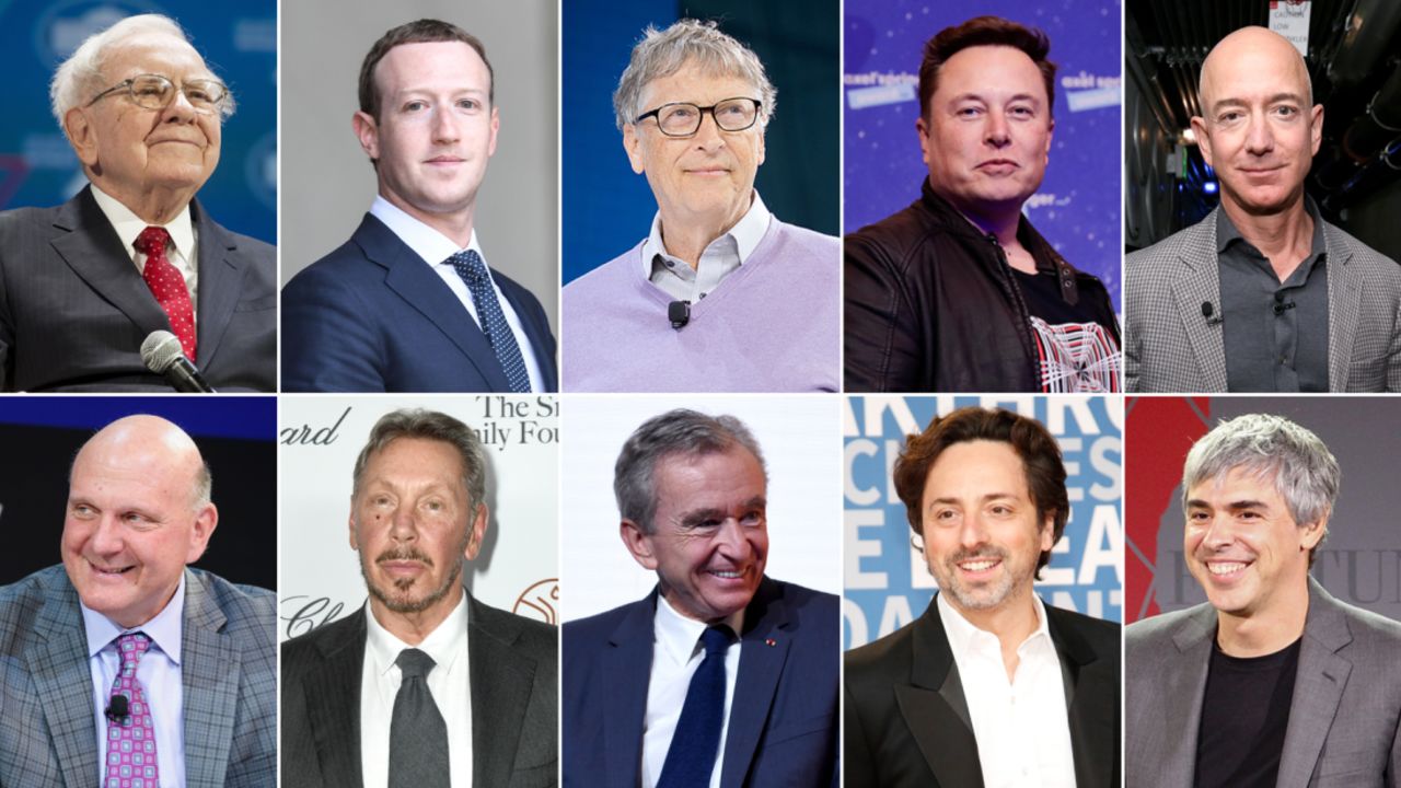 Left to right, from top: Warren Buffett, Mark Zuckerberg, Bill Gates, Elon Musk, Jeff Bezos, Steve Ballmer, Larry Ellison, Bernard Arnault, Sergey Brin, Larry Page. 