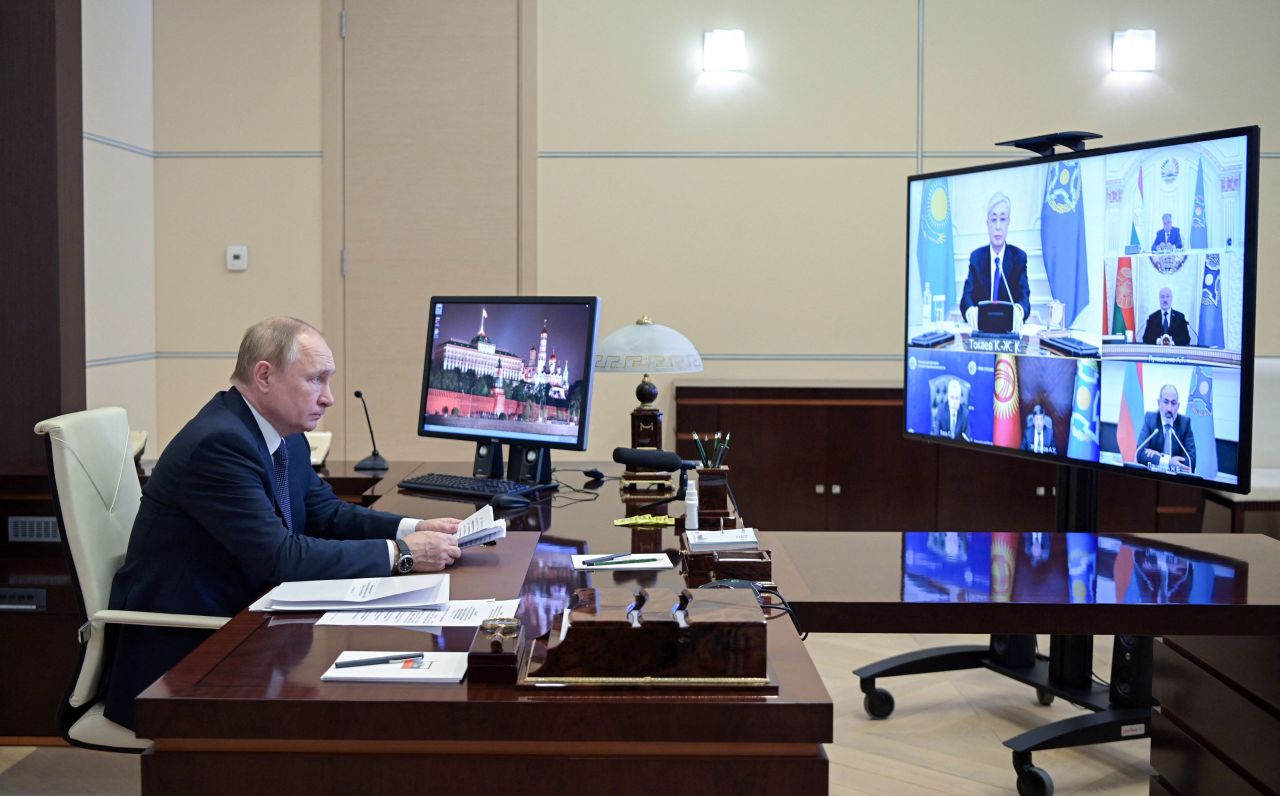 Russian President Vladimir Putin attends a video emergency meeting January 10 discussing the situation in Kazakhstan.