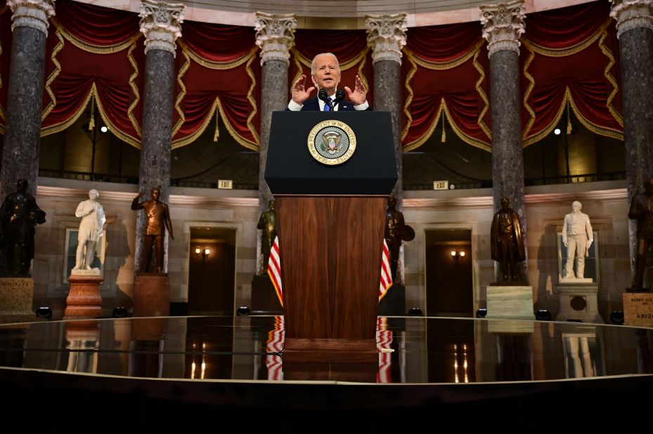 Biden speaks from the US Capitol's Statuary Hall on January 6 to mark the one-year anniversary of the <a href="https://www.cnn.com/2022/01/03/politics/gallery/january-6-capitol-insurrection/index.html" target="_blank">Capitol riot. </a>It has now been more than a year since supporters of Donald Trump breached the Capitol, attacking officers and destroying parts of the building in what was a stunning display of insurrection. <br /><br />In his remarks, Biden forcefully called out Trump for attempting to undo American democracy. "For the first time in our history, a President had not just lost an election. He tried to prevent the peaceful transfer of power as a violent mob reached the Capitol," Biden said. "But they failed. They failed. And on this day of remembrance, we must make sure that such an attack never, never happens again."<br /><br />This photo was taken by Jim Watson, who works for the wire service Agence France-Presse and was also in Biden's press pool when the riot was taking place last year.<br /><br />"I felt incredibly lucky that I was with him both days recording each historic event," Watson said. "This photo, to me, is proof that our democracy has survived and moved on from that day but has not forgotten it."