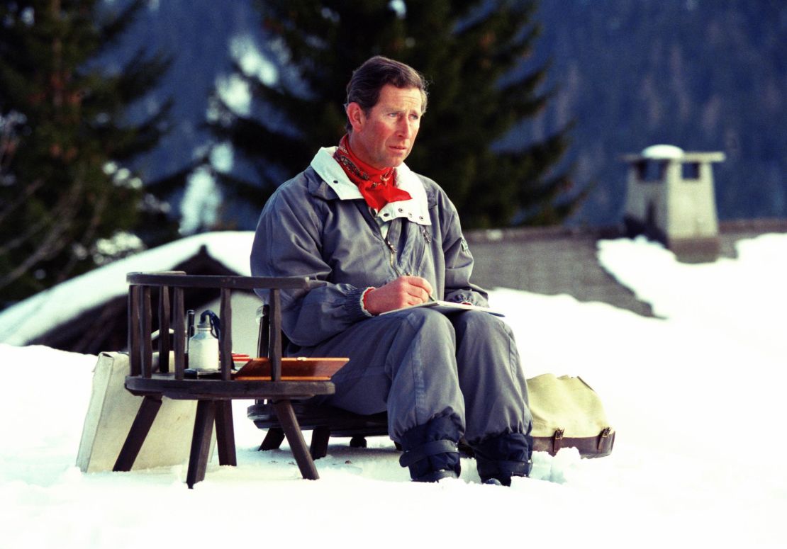 Prince Charles painting with watercolors In Klosters, Switzerland