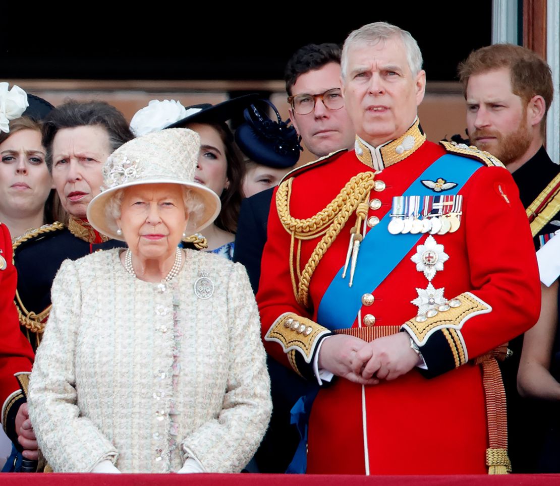 Prince Andrew stands with his mother and other members of the royal family during Trooping The Colour, the Queen's annual birthday parade, on June 8, 2019 in London. 