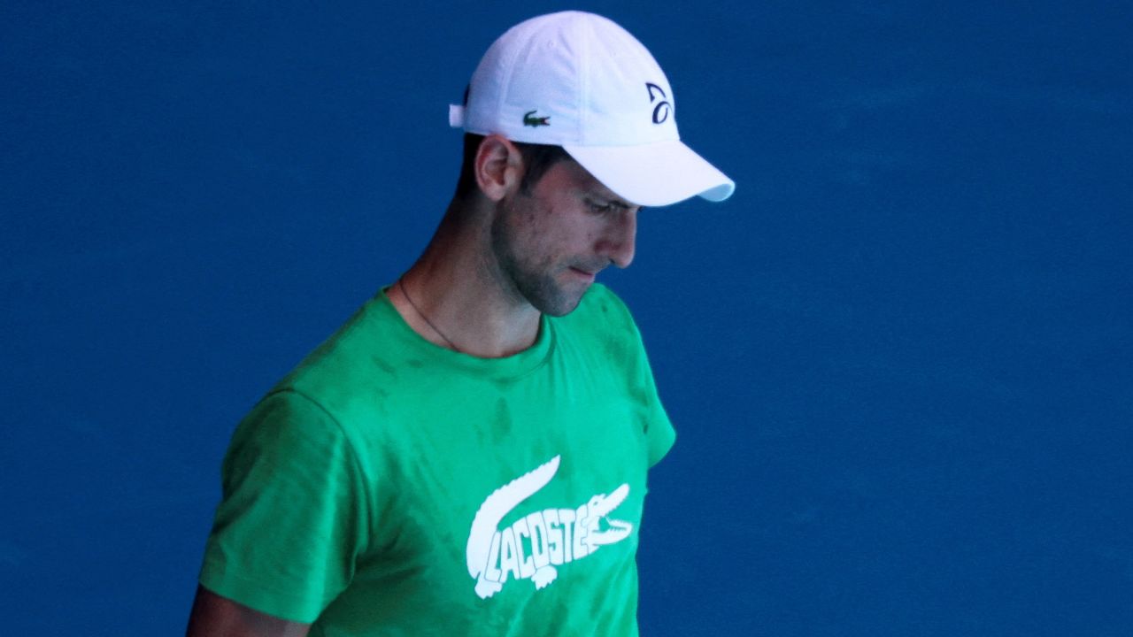 Novak Djokovic practices at Melbourne Park before his visa was canceled again.