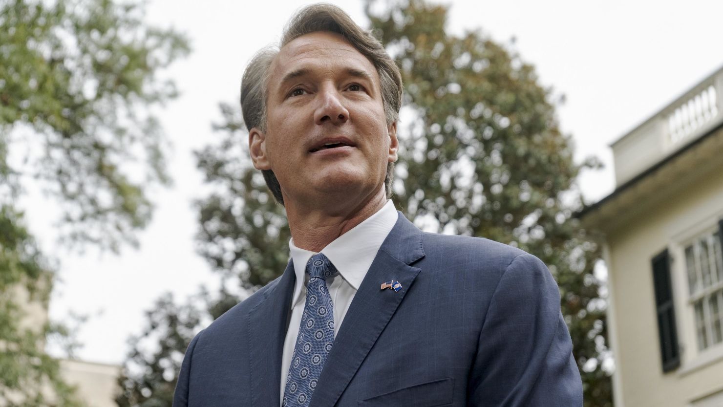 Glenn Youngkin speaks to members of the media outside the Executive Mansion in Richmond, Virginia, on Thursday, Nov. 4, 2021. 