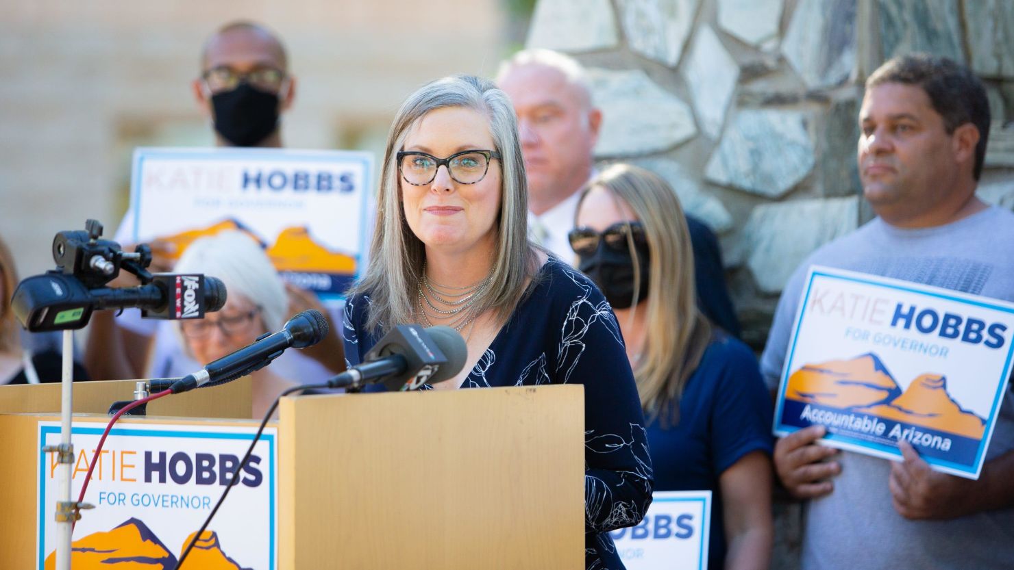 Arizona Secretary of State Katie Hobbs, who's running for the Democratic nomination for governor, speaks at a press conference on November 4, 2021.