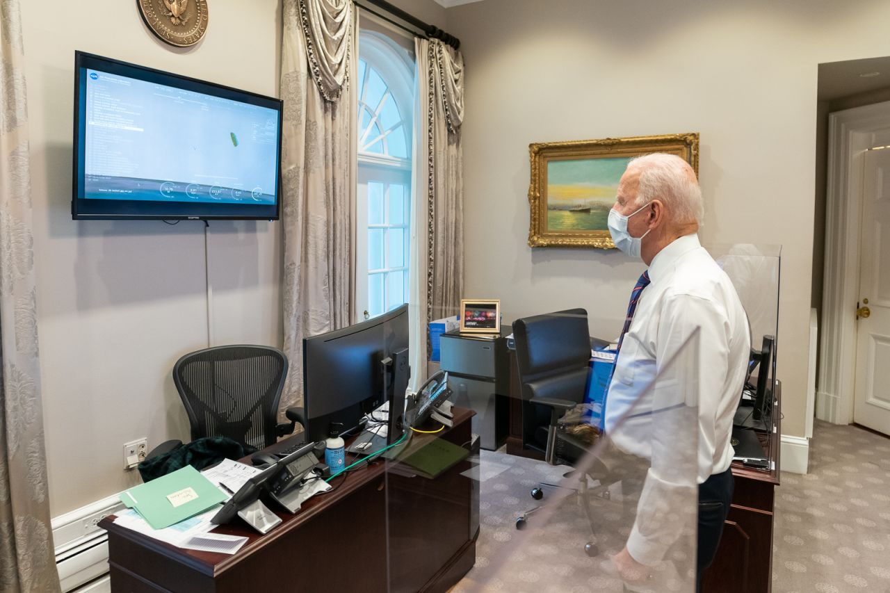 Biden watches coverage of the Perseverance rover <a href="https://www.cnn.com/2021/02/18/world/gallery/mars-perseverance-rover-scn/index.html" target="_blank">landing on Mars</a> on February 18. <br /><br />Perseverance, NASA's most sophisticated rover to date, sent back its first images immediately after landing. It will search for signs of ancient life and study the planet's climate and geology before returning to Earth by the 2030s.<br /><br />"Congratulations to NASA and everyone whose hard work made Perseverance's historic landing possible," Biden said in a tweet. "Today proved once again that with the power of science and American ingenuity, nothing is beyond the realm of possibility." 