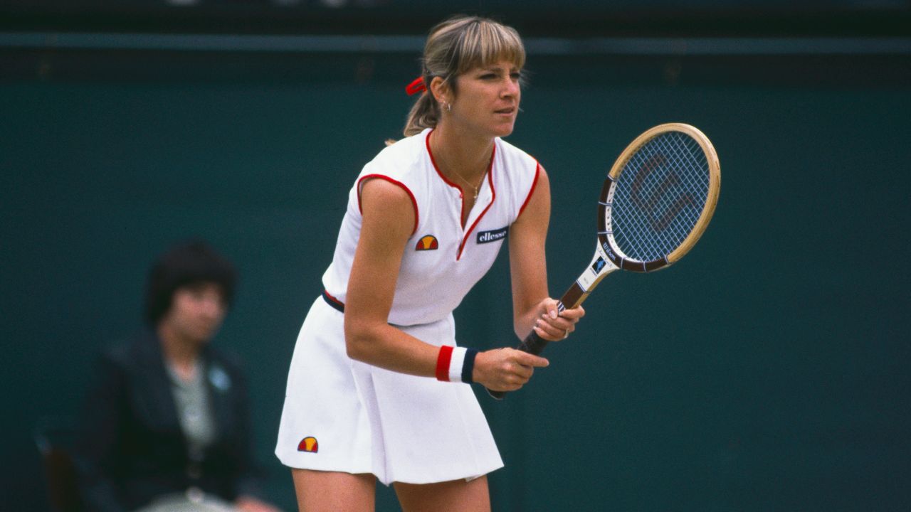 American tennis player Chris Evert competing against Pam Shriver in the semi-finals of the Women's Singles tournament at The Championships, Wimbledon, London, July 1981