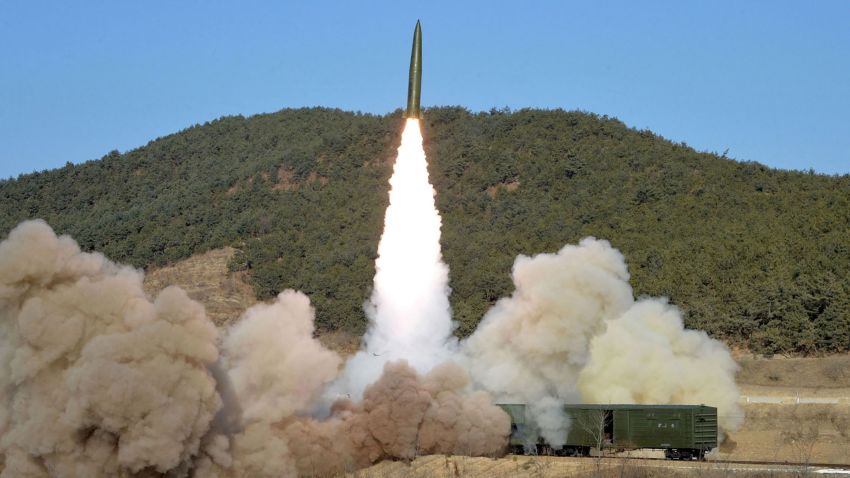This picture taken on January 14, 2022 and released from North Korea's official Korean Central News Agency (KCNA) on January 15 shows a firing drill of railway-borne missile regiment is held in North Pyongan Province. (Photo by AFP) / South Korea OUT / ---EDITORS NOTE--- RESTRICTED TO EDITORIAL USE - MANDATORY CREDIT "AFP PHOTO/KCNA VIA KNS" - NO MARKETING NO ADVERTISING CAMPAIGNS - DISTRIBUTED AS A SERVICE TO CLIENTS / THIS PICTURE WAS MADE AVAILABLE BY A THIRD PARTY. AFP CAN NOT INDEPENDENTLY VERIFY THE AUTHENTICITY, LOCATION, DATE AND CONTENT OF THIS IMAGE --- / (Photo by STR/AFP via Getty Images)