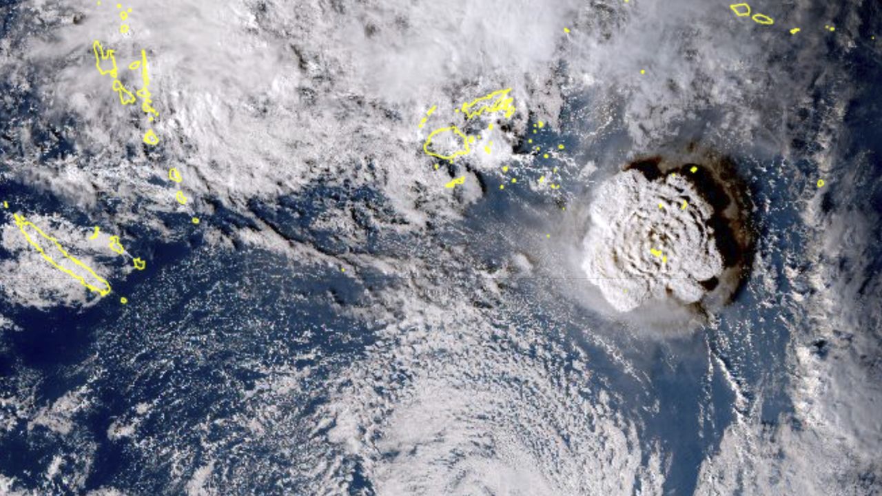 A satellite image taken by Himawari-8, a Japanese weather satellite, and released by the agency, shows an undersea volcano eruption at the Pacific nation of Tonga Saturday, January 15, 2022. 