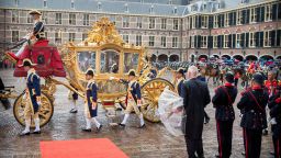 King Willem-Alexander and Queen Maxima arrive with the Golden Coach at the Ridderzaal for the opening of the parliamentary year in The Hague, the Netherlands, on September 15, 2015. 