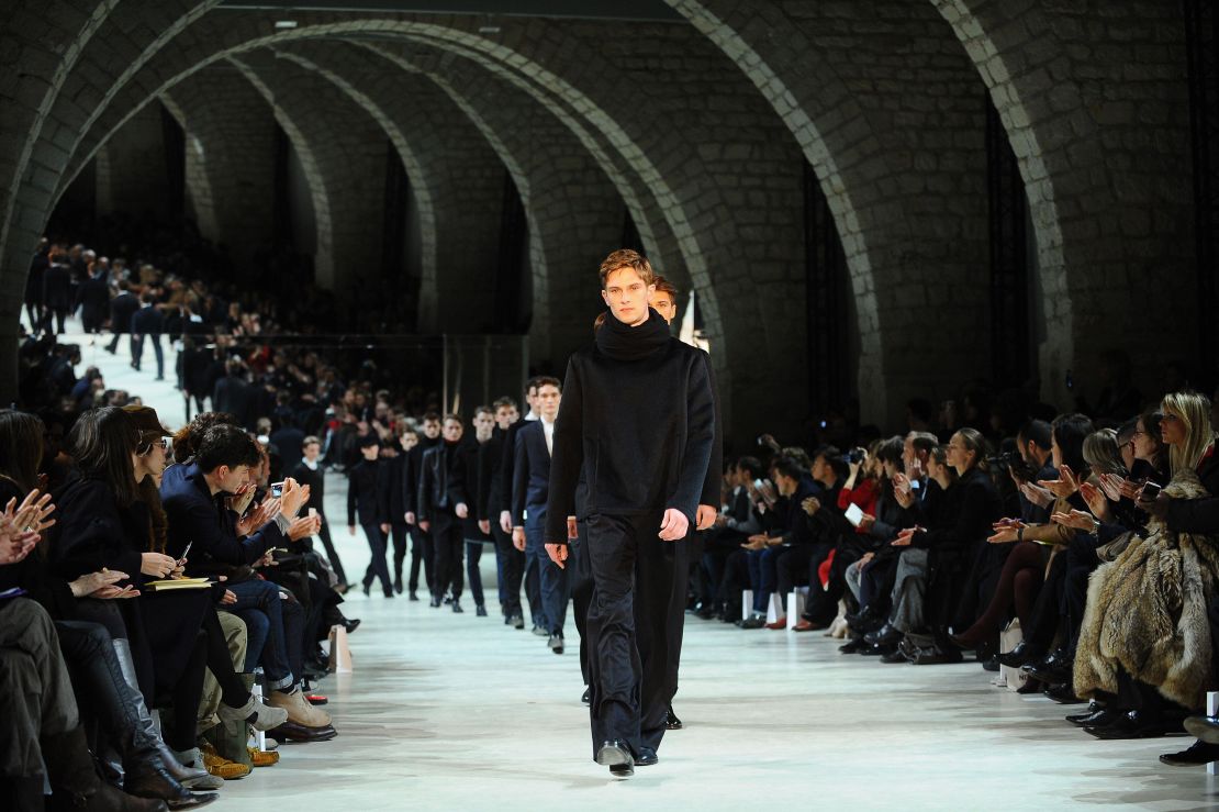 Models display creations by Italian designer Nino Cerruti for his show Menswear Autumn/Winter 2009/2010 in Paris, France, on January 23, 2009. 