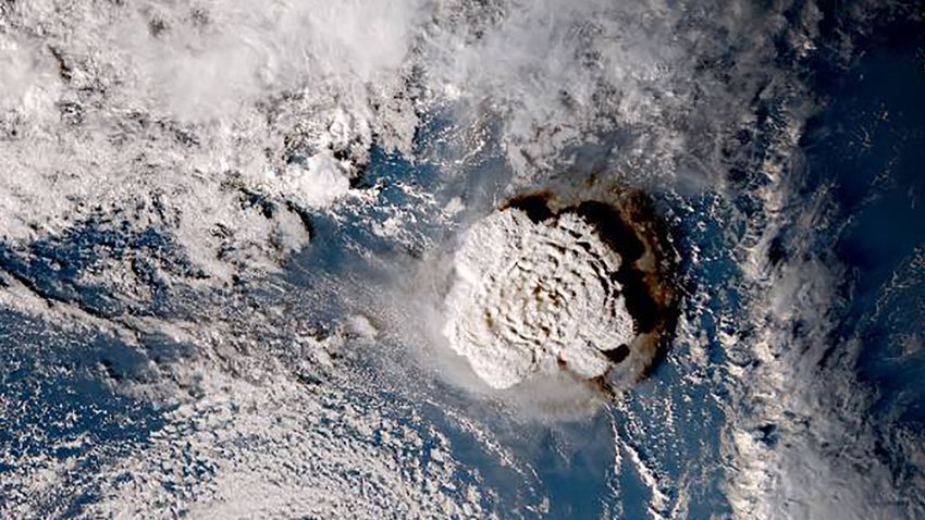 Satellite images from JMA show the volcano eruption in Tonga on Jan 15, 2022.