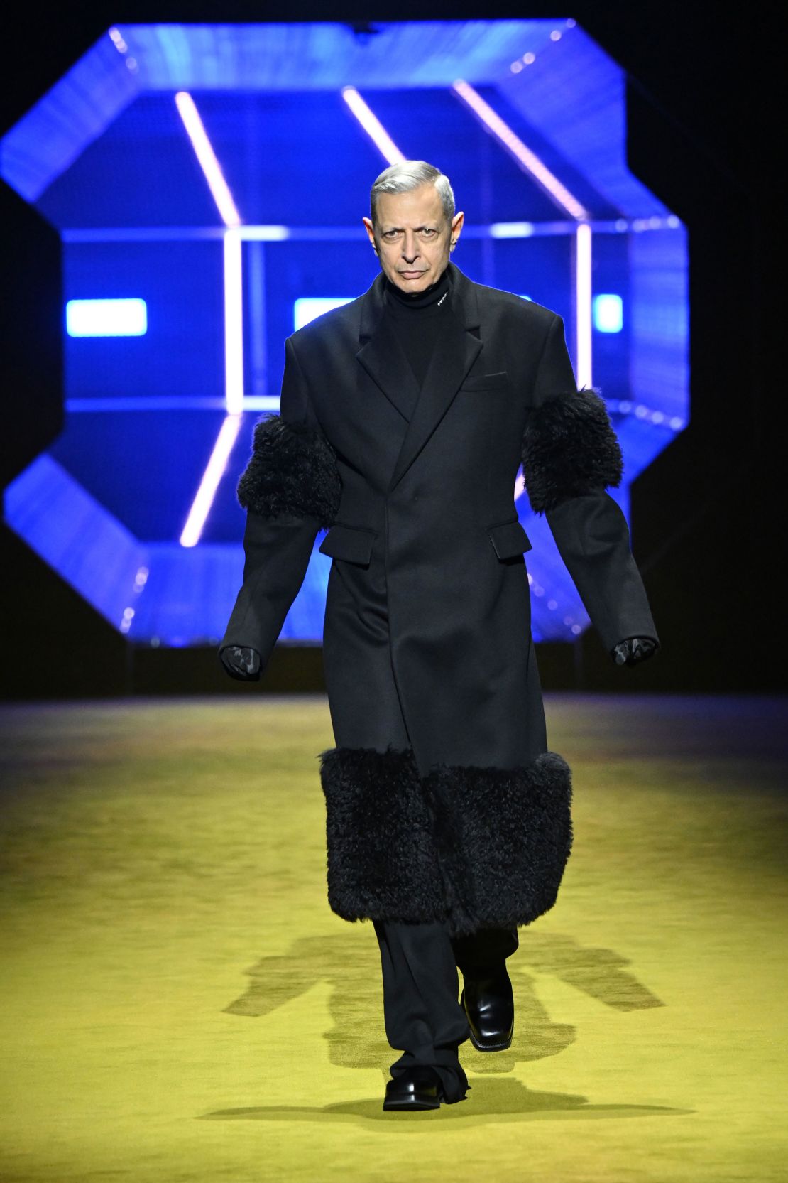 Jeff Goldblum walks the runway at Prada's Fall-Winter 2022 showcase.
