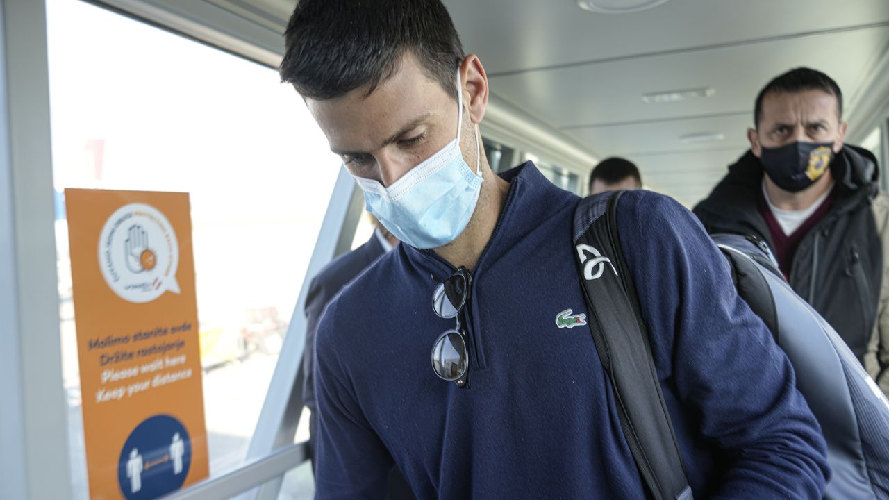 Novak Djokovic is pictured after landing in Belgrade, Serbia, on Monday, January 17.