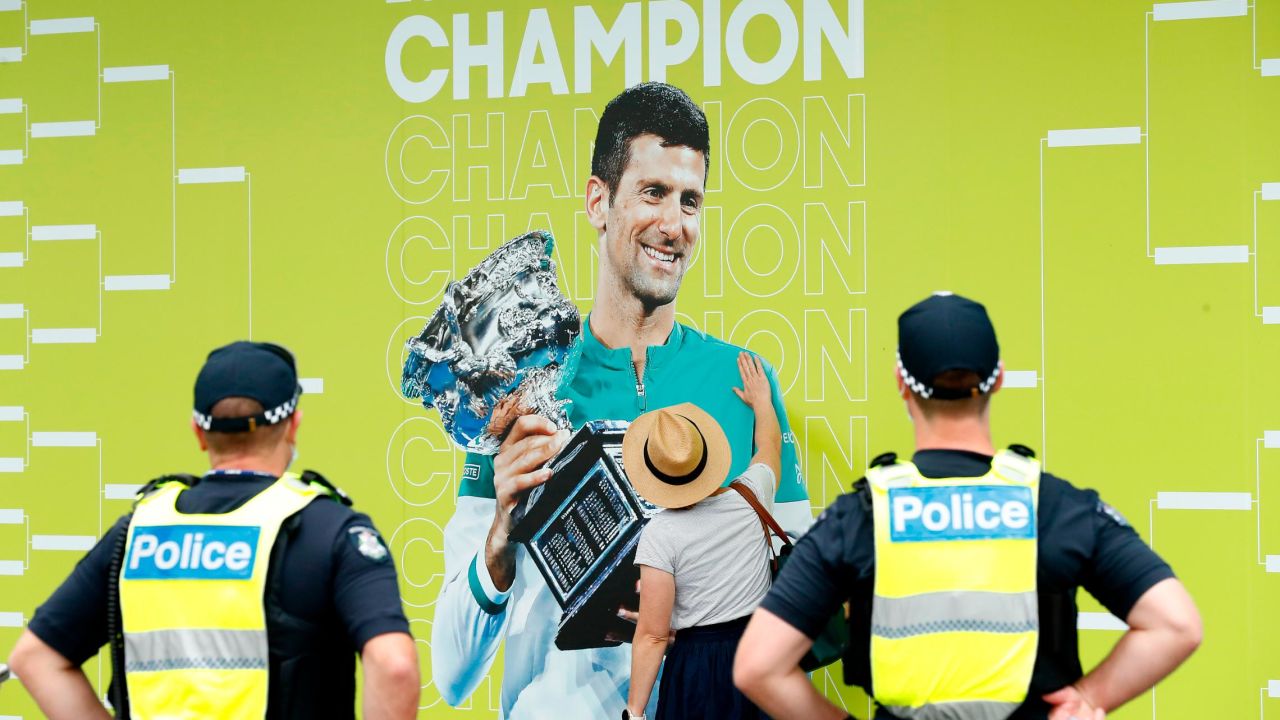 Djokovic, last year's Australian Open champion, is displayed on a banner in Melbourne during this year's tournament. 