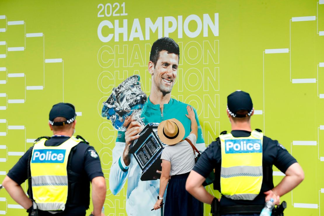 Djokovic, last year's Australian Open champion, is displayed on a banner in Melbourne during this year's tournament. 