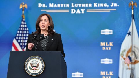 US Vice President Kamala Harris speaks in the South Court Auditorium of the White House in Washington, DC, on January 17, 2022.