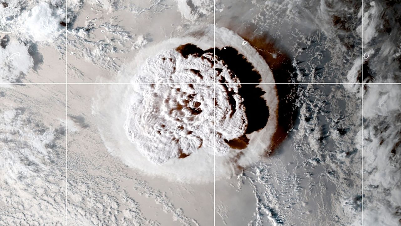 The eruption of an underwater volcano off Tonga, which triggered a tsunami warning for several South Pacific island nations, is seen in a satellite image taken on January 15, 2022. 
