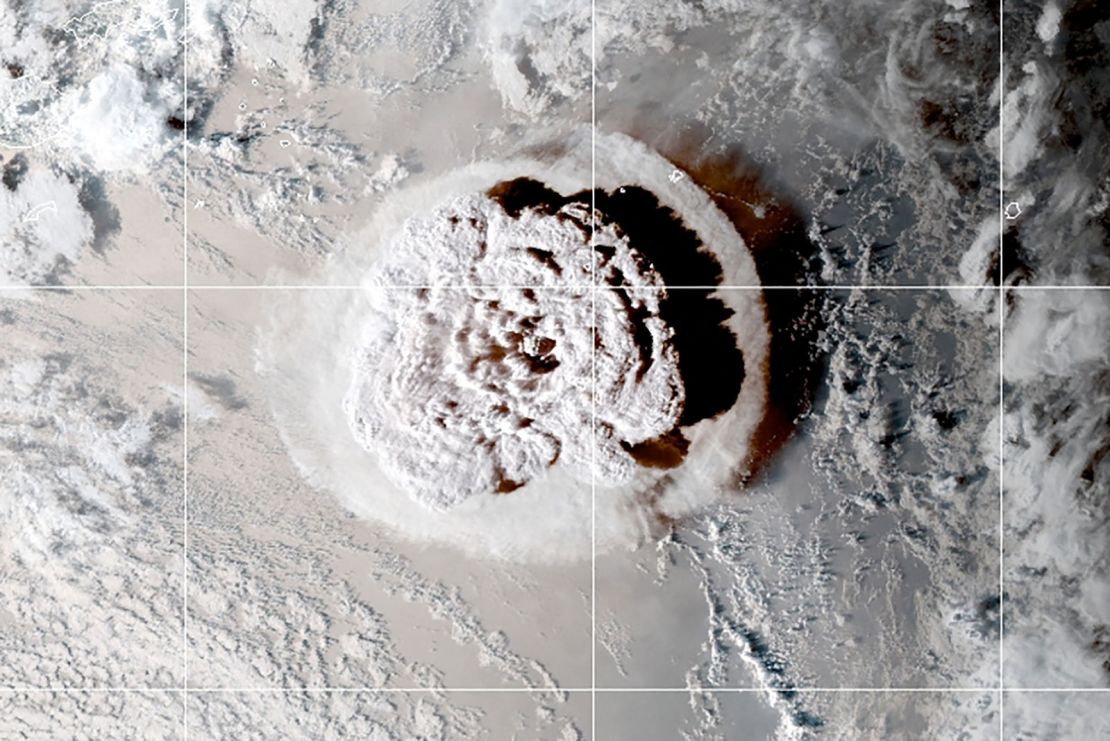 The eruption of an underwater volcano off Tonga, which triggered a tsunami warning for several South Pacific island nations, is seen in a satellite image taken on January 15, 2022. 