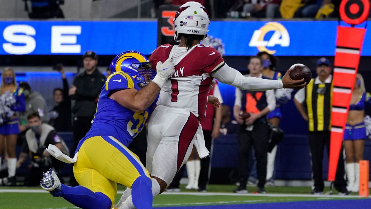 Rams linebacker Troy Reeder pressures Cardinals quarterback Kyler Murray into throwing a pass that was intercepted and returned for a touchdown by David Long Jr.