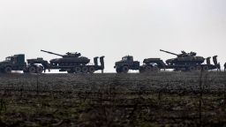 Ukrainian tanks are transported towards to the Luhansk region, Ukraine, Dec. 12, 2021. 