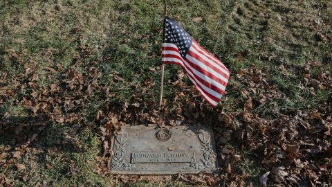The gravestone for Edward White is seen at Rolling Green Memorial Park in West Chester, Pennsylvania on Tuesday, January 11, 2022.