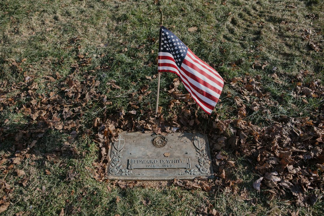 The gravestone for Edward White is seen at Rolling Green Memorial Park in West Chester, Pennsylvania on Tuesday, January 11, 2022. 