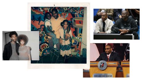 From left clockwise: Larry Miller and his sister Florence in 1970; Miller is visited by his daughter Laila and niece Tamara at Graterford State Penitentiary in 1977; Miller sits courtside with basketball legend Michael Jordan at the 