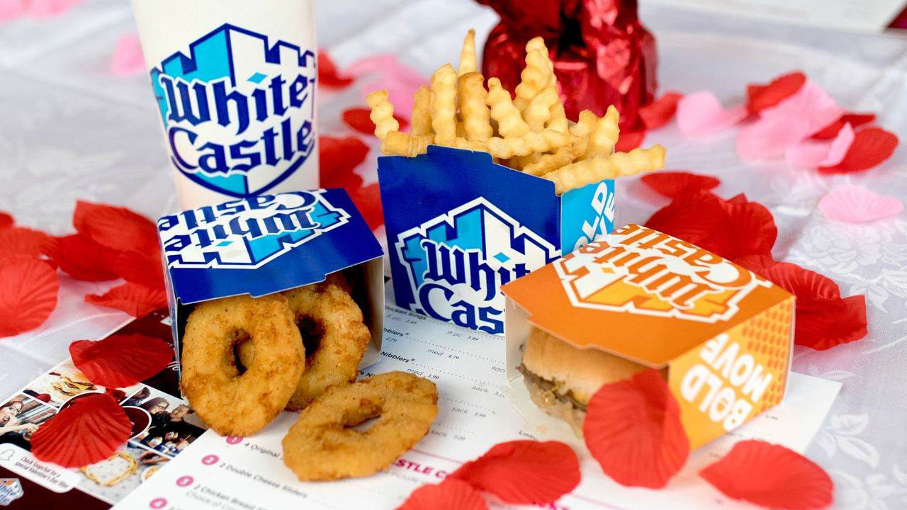 White Castle's "Love Cube" meal box for Valentine's Day, filled with cheese sliders, soft drinks and more.