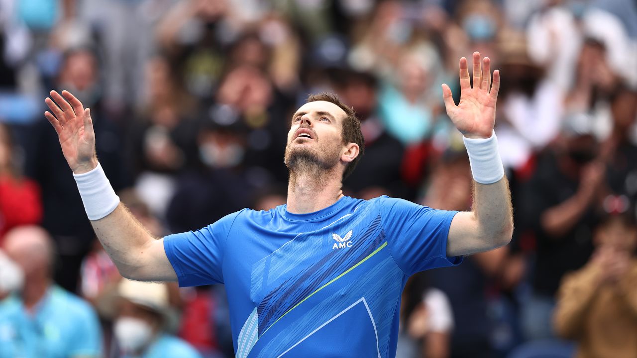 Murray reacts after defeating Nikoloz Basilashvili.