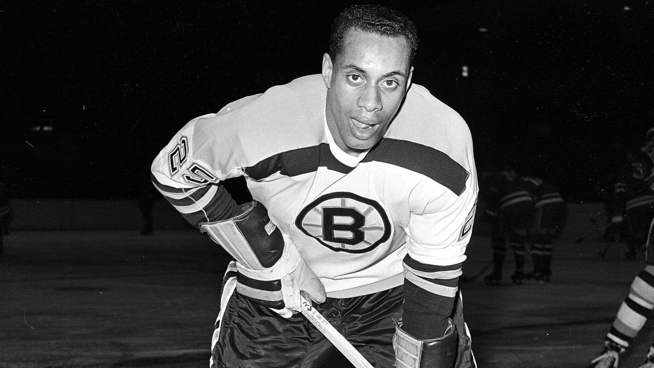 Boston Bruins player Willie O'Ree warms up before a game against the New York Rangers at New York's Madison Square Garden on November 23, 1960. 