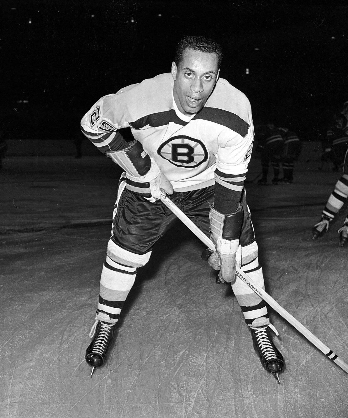 Boston Bruins player Willie O'Ree warms up before a game against the New York Rangers at New York's Madison Square Garden on November 23, 1960. 
