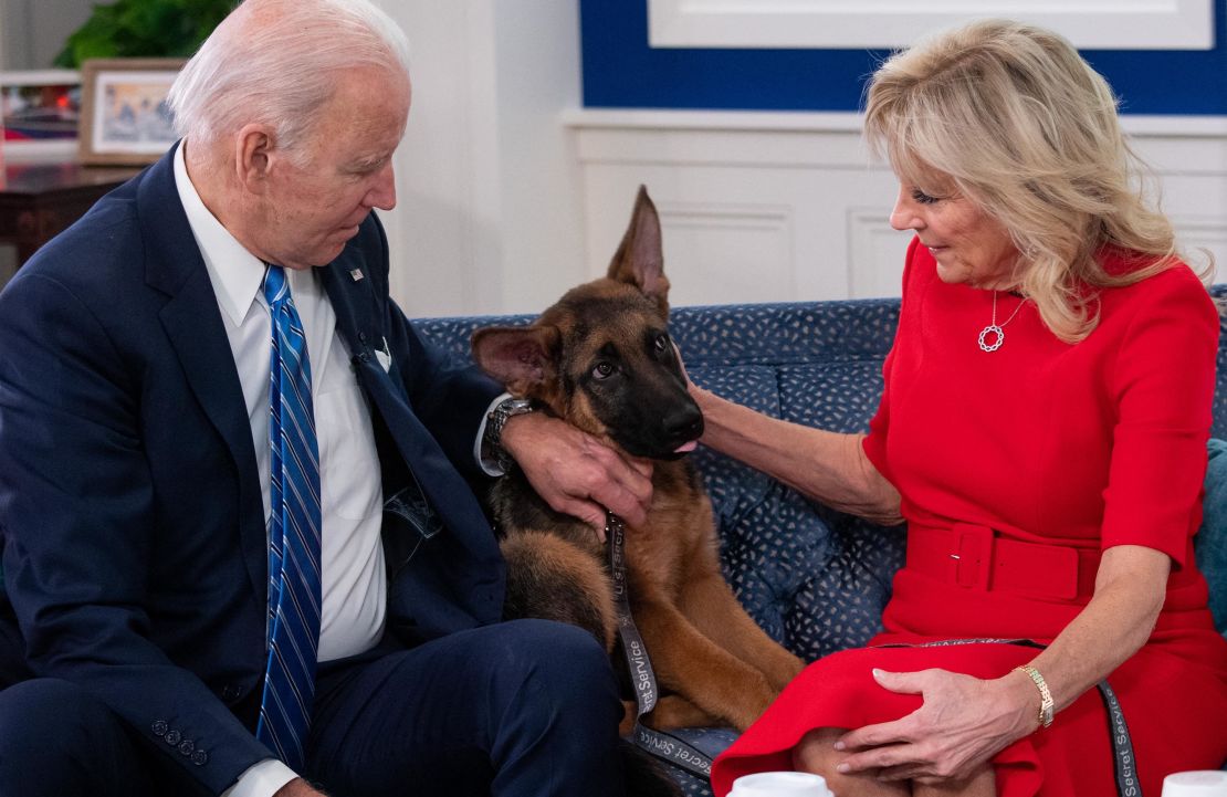 President Joe Biden and first lady Jill Biden, look at their new dog Commander, after speaking virtually with military service members to thank them for their service and wish them a Merry Christmas, from the South Court Auditorium of the White House in Washington, DC. 
