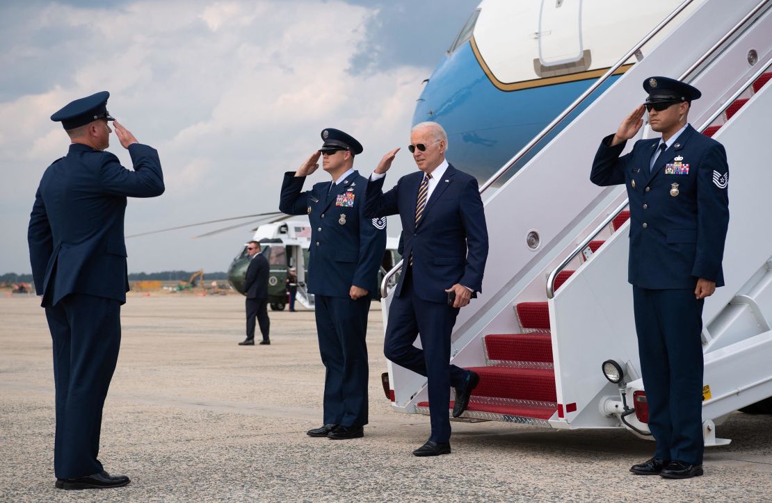 President Joe Biden disembarks from Air Force One upon arrival at Joint Base Andrews in Maryland, July 28, 2021, after traveling to Pennsylvania to speak on the economy. 