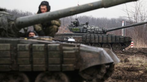 Russian tanks take part in a military drills at Molkino training ground in the Krasnodar region, Russia, on December 14, 2021.
