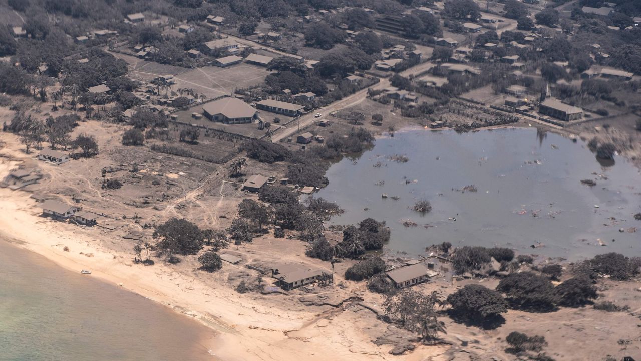 Large swaths of land in Tonga are covered in volcanic ash, in this photo taken January 17, 2022.