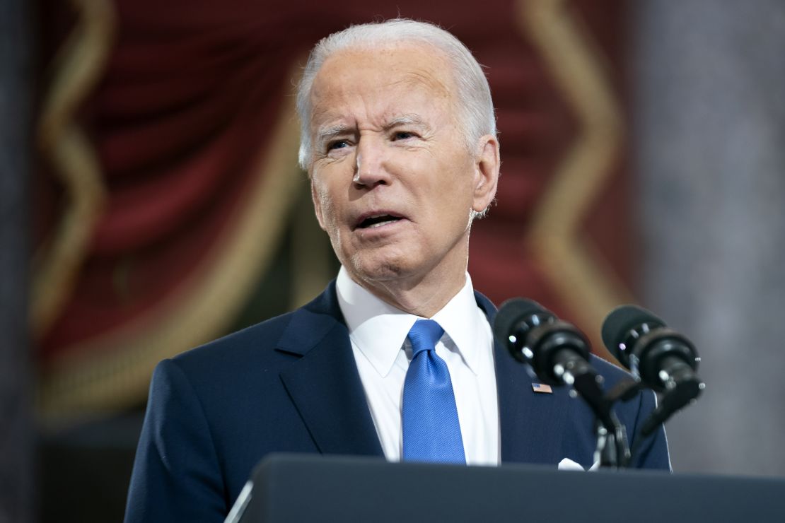 President Biden gives remarks in Statuary Hall of the US Capitol on January 6, 2022, in Washington, DC, one year after supporters of President Donald Trump attacked the building in an attempt to disrupt a congressional vote to confirm the electoral college win for Biden.