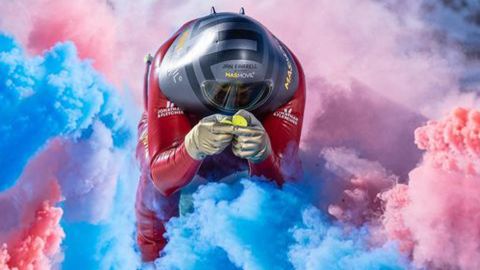 Farrell speeds through flares during training in Andorra, 2019.