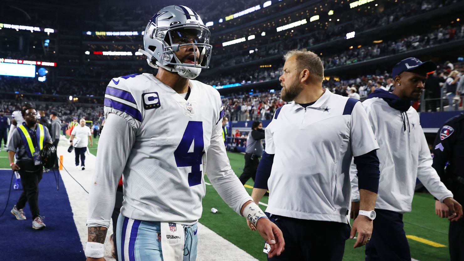Dak Prescott walks off the field after losing to the San Francisco 49ers in the NFC wild card playoff game.