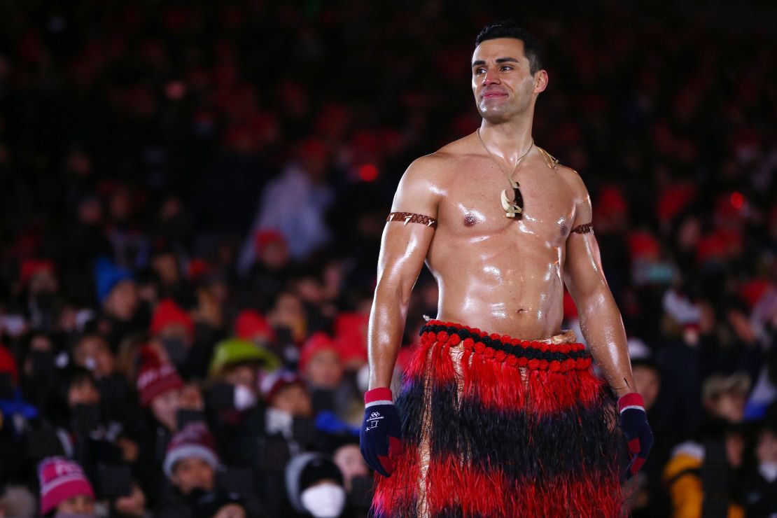 Pita Taufatofua of Tonga stands on stage during the Closing Ceremony of the PyeongChang 2018 Winter Olympic Games at PyeongChang Olympic Stadium on February 25, 2018 in Pyeongchang-gun, South Korea.