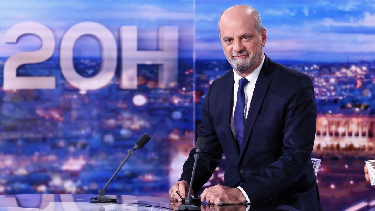 French Education Minister Jean-Michel Blanquer appears on French TV channel TF1 in Boulogne-Billancourt, outside Paris, on January 18, 2022. 