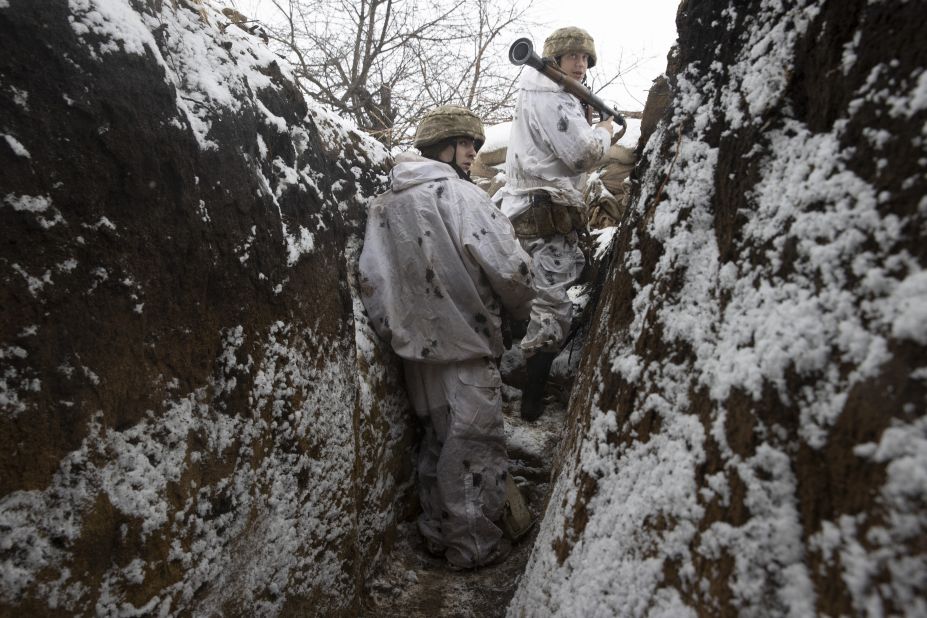 Members of the Ukrainian military in a front line trench at Katerynivka, in the Luhansk Oblast province of eastern Ukraine on Tuesday January 18.