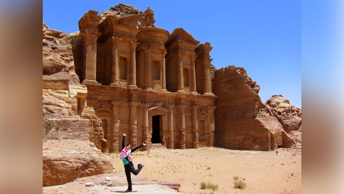 Writer Jodi Ettenberg, standing in front of the Treasury in UNESCO-listed Petra, Jordan in 2011.
