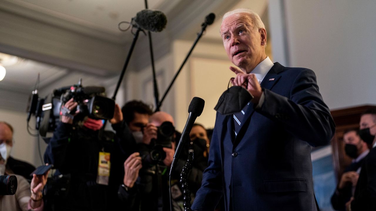 Biden speaks to the press after attending a meeting with the Senate Democratic Caucus on Capitol Hill last week.