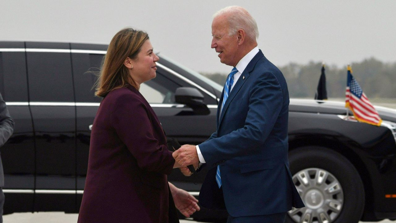 Democratic Rep. Elissa Slotkin greets Biden in Michigan in October 2021. 