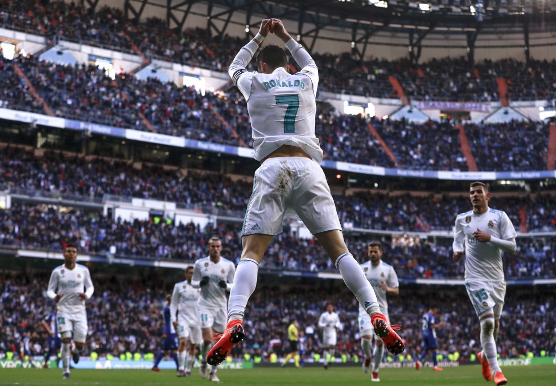 Cristiano Ronaldo performing his famous 'Siu' celebration, which he started while at Real Madrid.